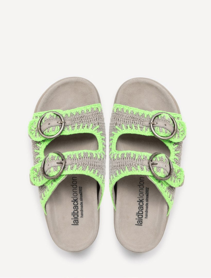 Clay Flat Handwoven Crochet Double-Buckle Sandals Neon Green
