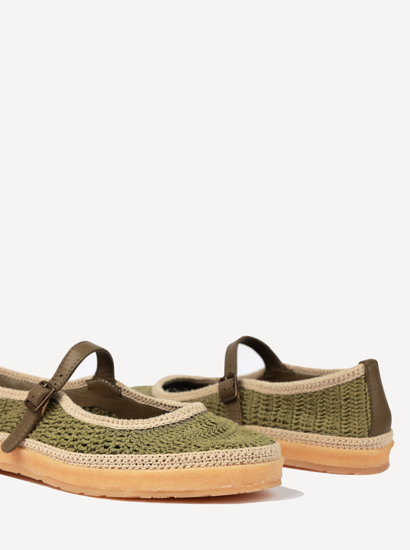 Loom Hand-Crocheted Mary Jane Flats Khaki Natural