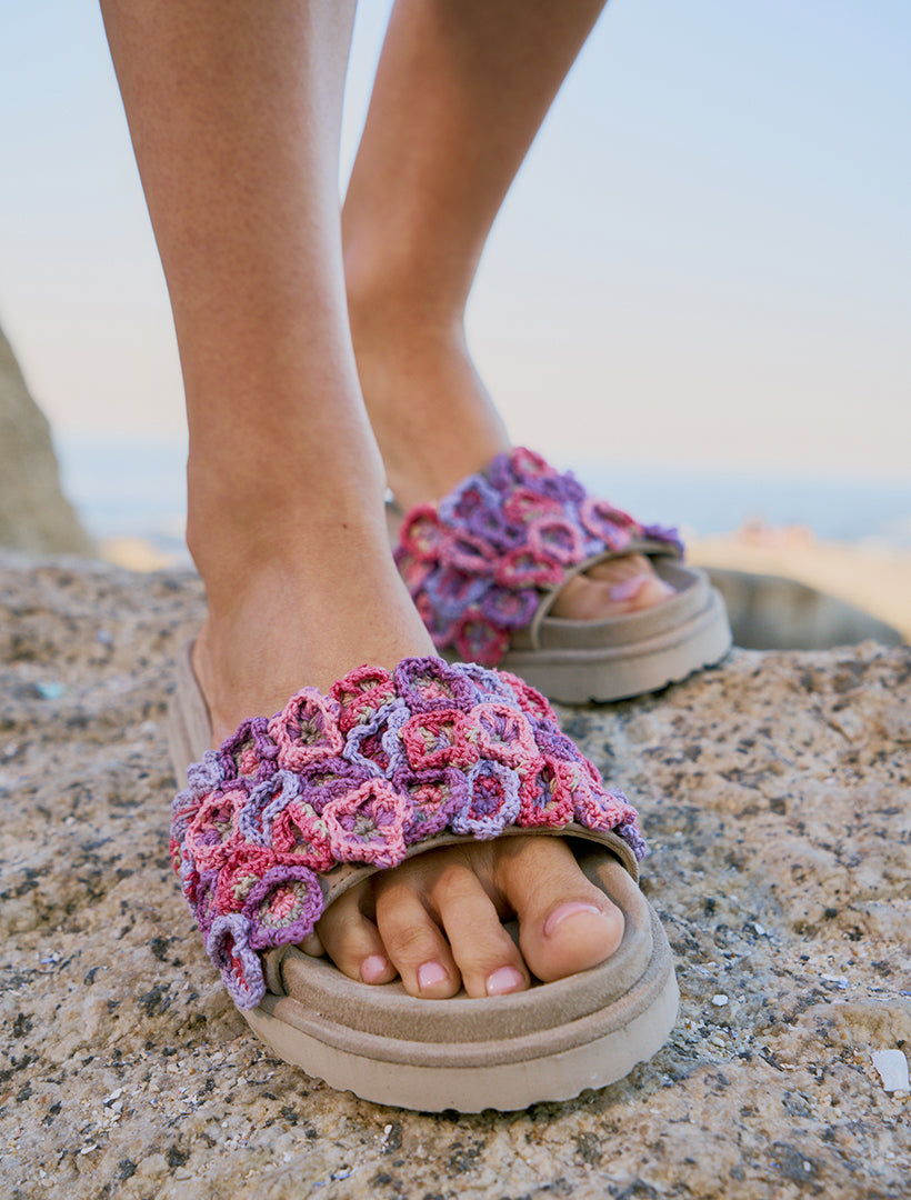 Ren Handcrafted Floral Crochet Slide Sandals Purple Mix