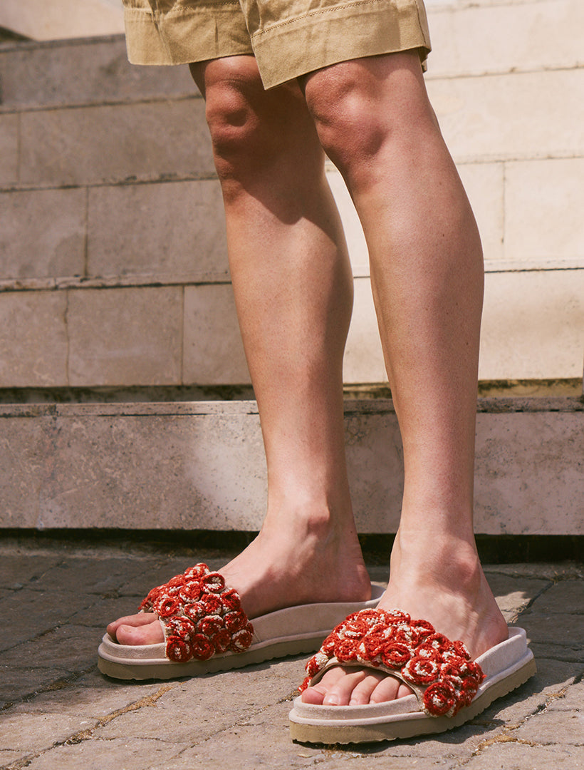 Ren Handcrafted Floral Crochet Slide Sandals Rust
