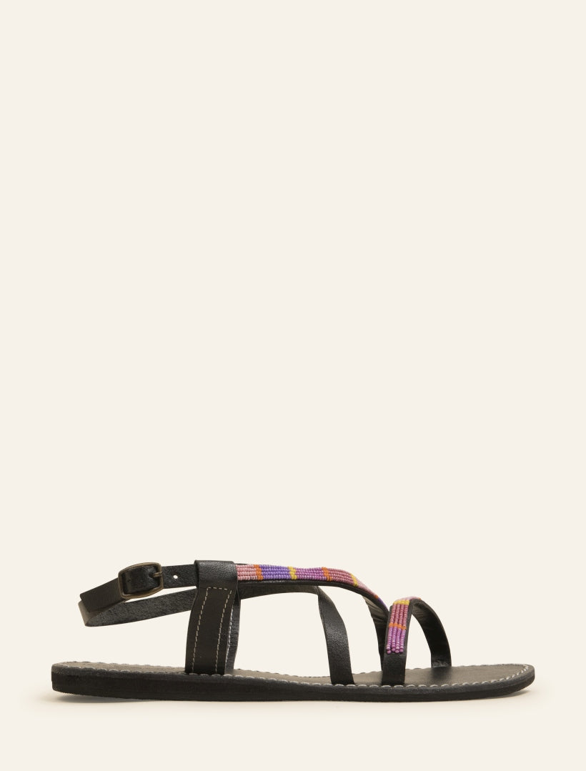 Azari Flat Black Leather Sandal Purple Mix