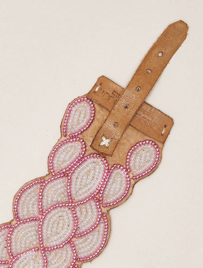 Wave Leather Beaded Cuff Bracelet Pink Snow White