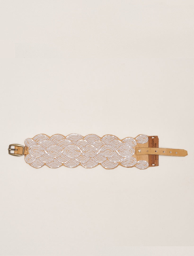 Wave Leather Beaded Cuff Bracelet Snow White