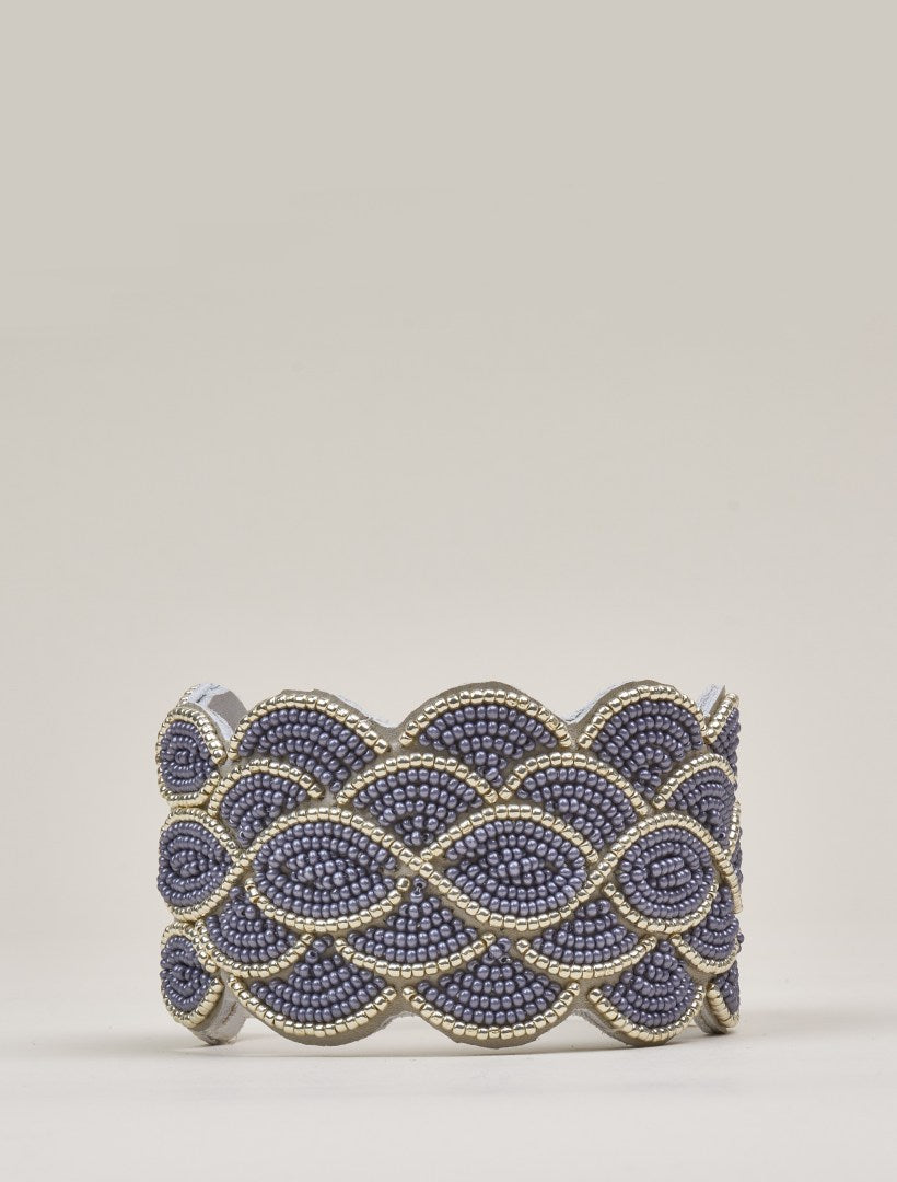 Wave Tan Leather Beaded Cuff Bracelet Silver Grey