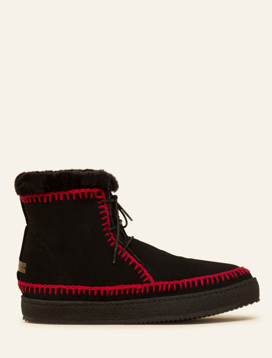 Argo Crochet Lace up Ankle Boot Black Suede Red