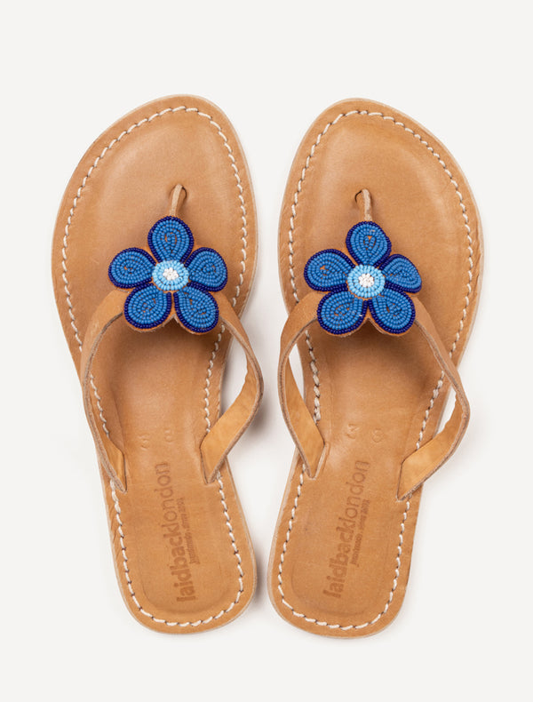 Amber Flat Leather Sandal Navy Turquoise