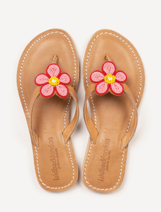 Amber Flat Leather Sandal Red Pink