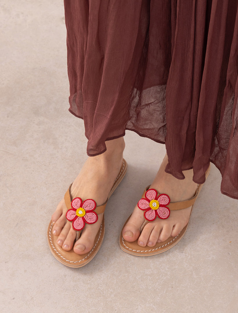 Amber Flat Leather Sandal Red Pink