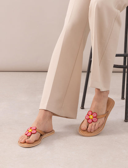 Amber Flat Leather Sandal Red Pink