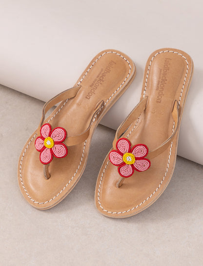Amber Flat Leather Sandal Red Pink