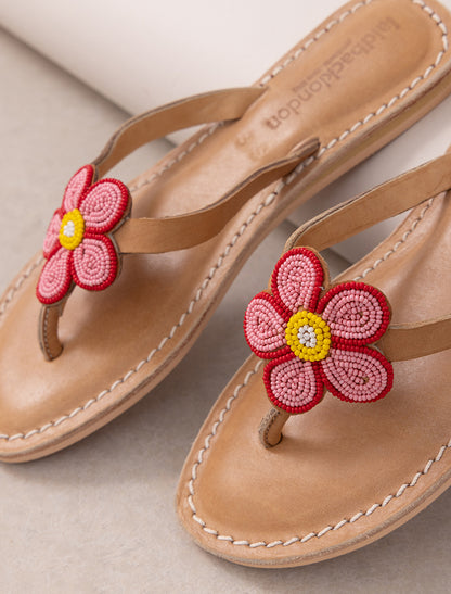 Amber Flat Leather Sandal Red Pink