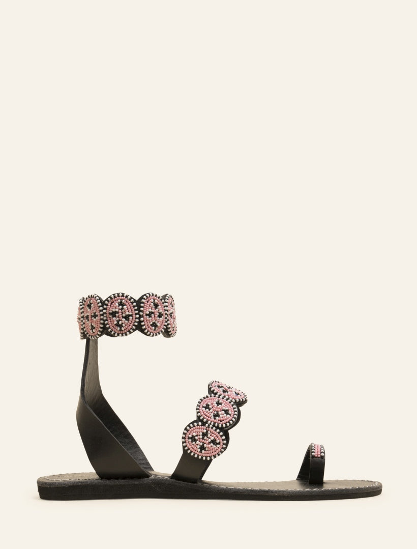 Kiki Flat Black Leather Sandal Baby Pink Maasai