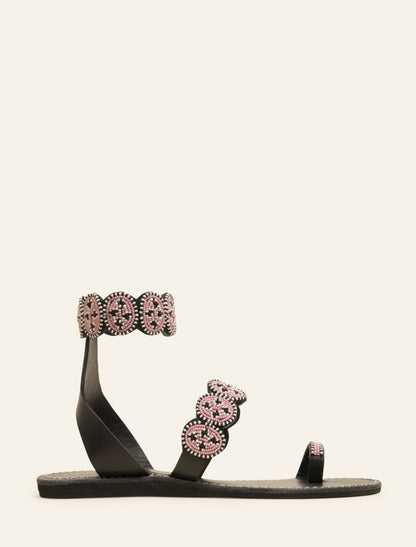 Kiki Flat Black Leather Sandal Baby Pink Maasai