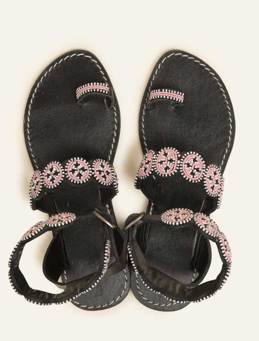 Kiki Flat Black Leather Sandal Baby Pink Maasai