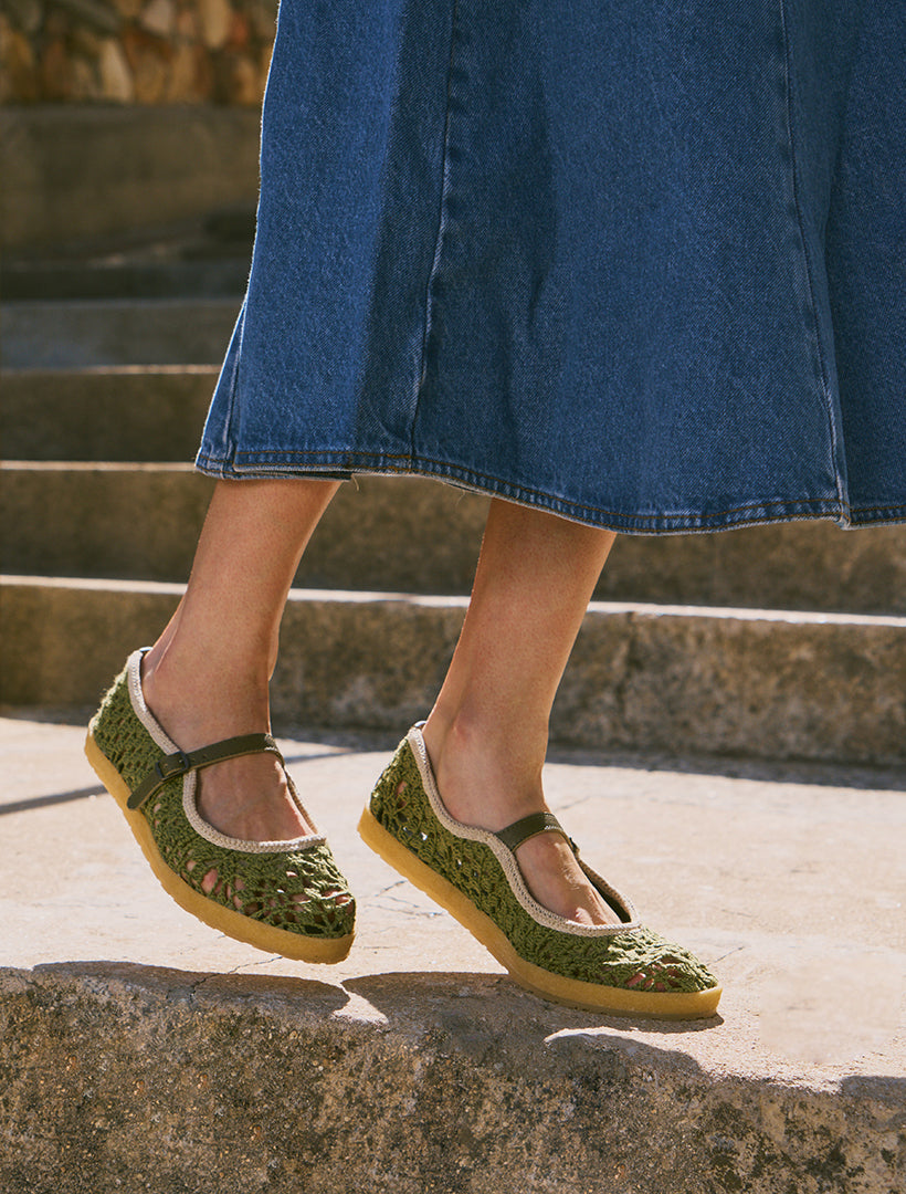 Knott Hand-Crocheted Mary Jane Flats Khaki Natural