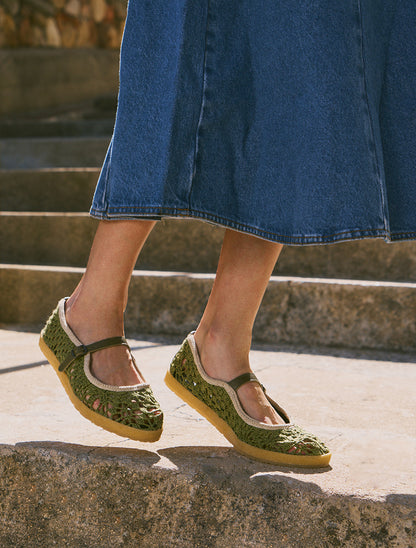 Knott Hand-Crocheted Mary Jane Flats Khaki Natural