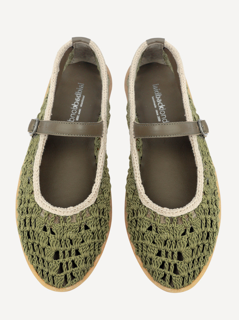 Knott Hand-Crocheted Mary Jane Flats Khaki Natural