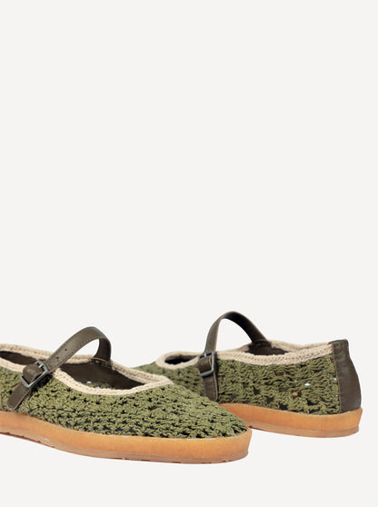 Knott Hand-Crocheted Mary Jane Flats Khaki Natural