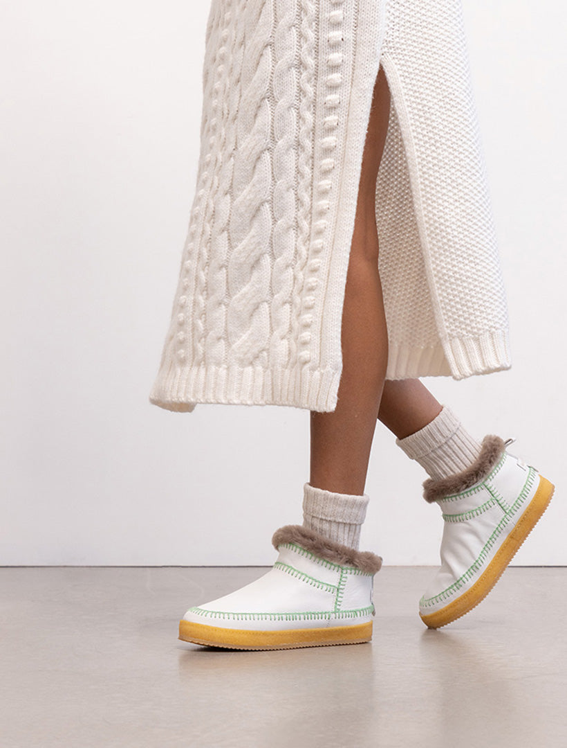 Nyuki Low Crochet Ankle Boot White Leather Sage