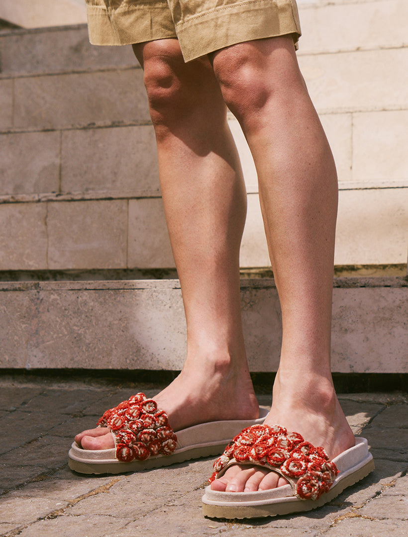 Ren Handcrafted Floral Crochet Slide Sandals Rust
