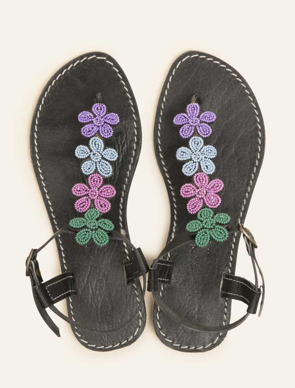 Senyo Flat Black Leather Sandal Purple Mix