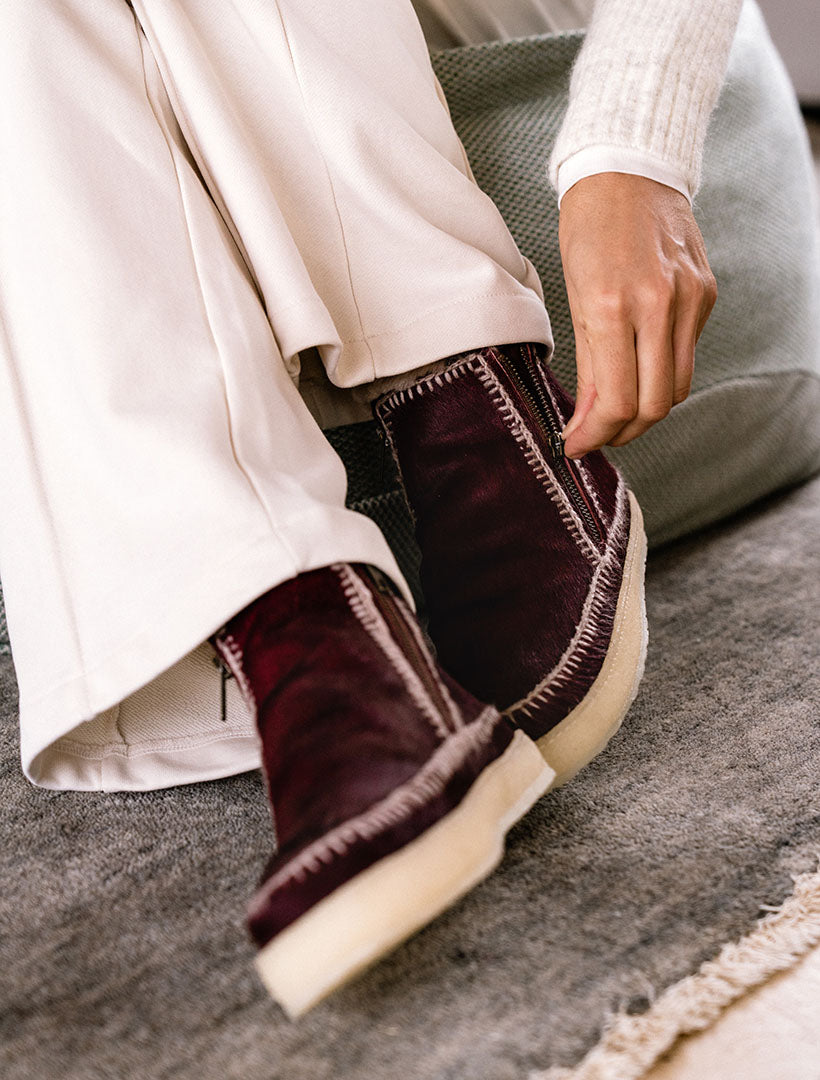 Setsu Crochet Crepe Ankle Boot Burgundy Pony Wheat