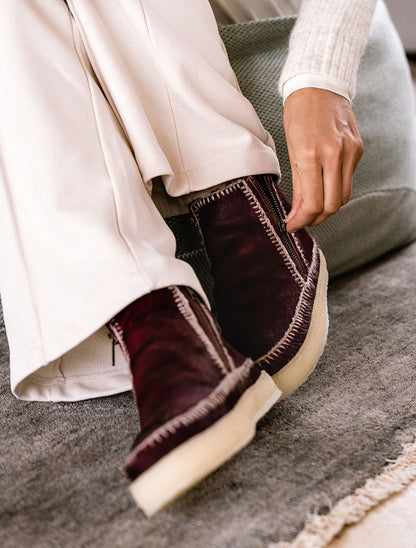 Setsu Crochet Crepe Ankle Boot Burgundy Pony Wheat