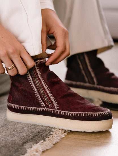 Setsu Crochet Crepe Ankle Boot Burgundy Pony Wheat
