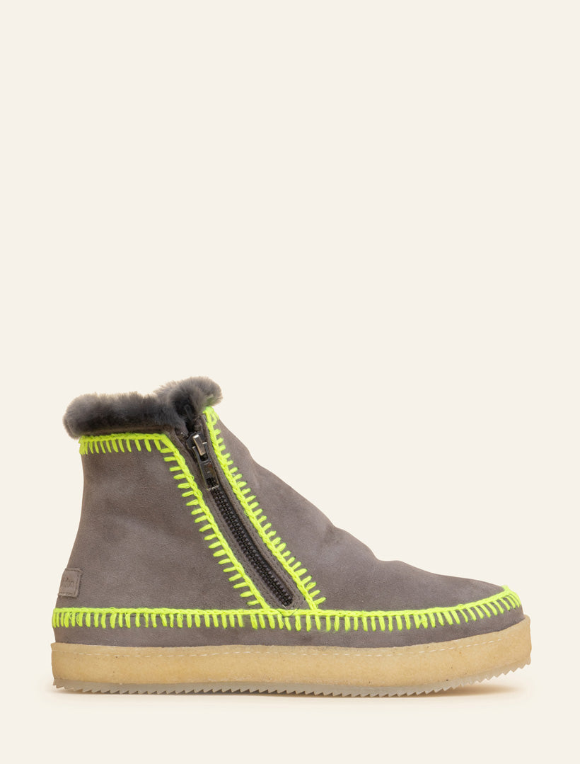 Setsu Crochet Ankle Boot Grey Suede Neon Yellow