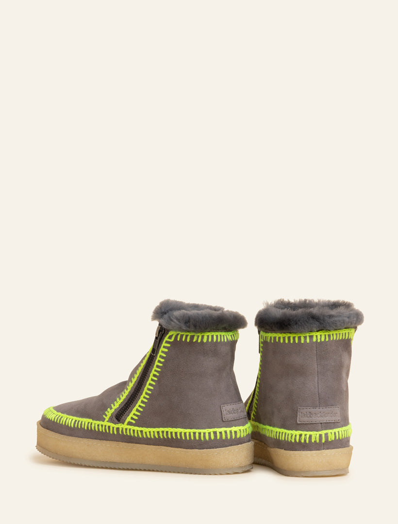 Setsu Crochet Ankle Boot Grey Suede Neon Yellow