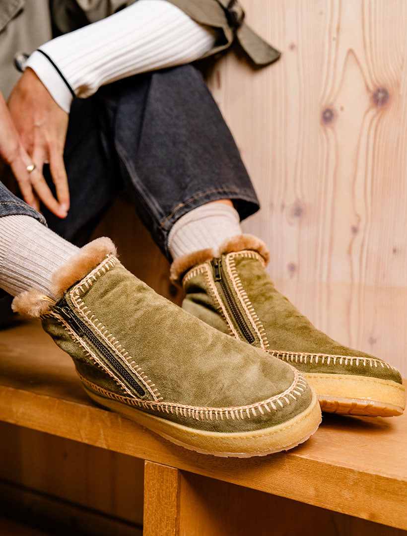 Setsu Crochet Crepe Ankle Boot Fern Suede Beige