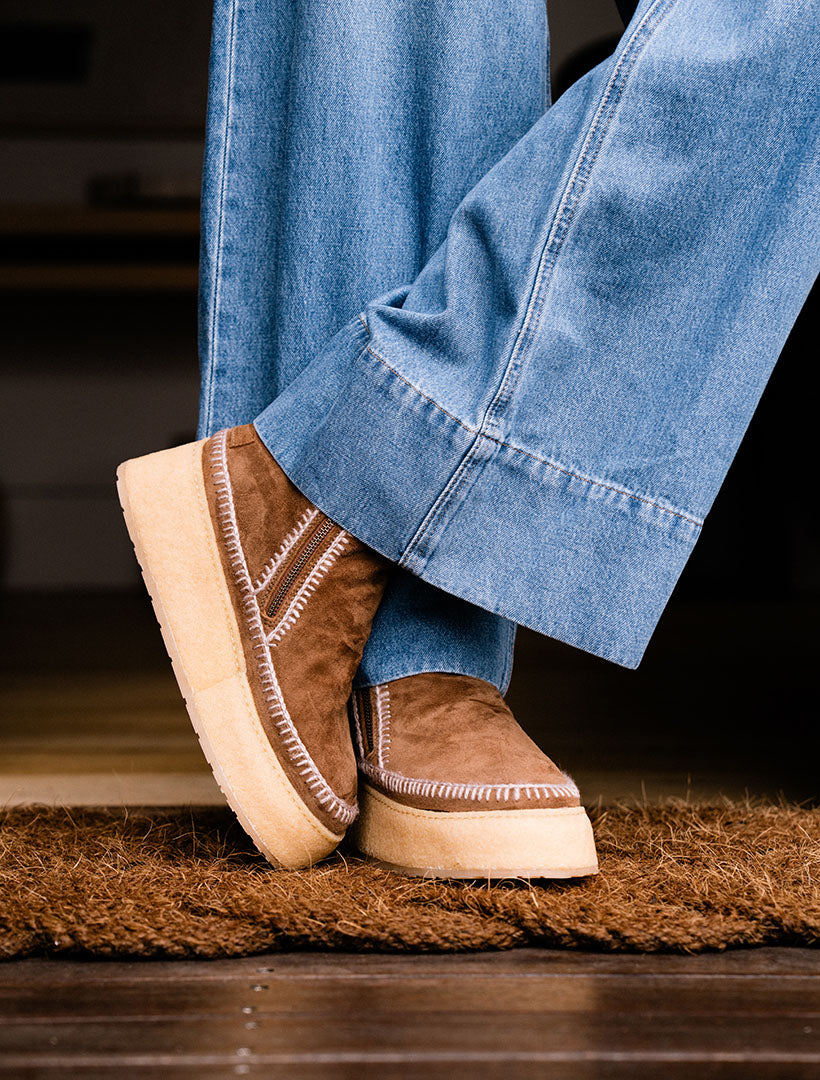 Setsu Platform Crochet Ankle Boot Nutmeg Suede Wheat