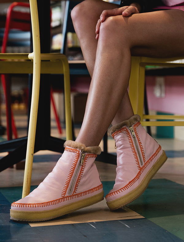 Misty rose leather ankle boots with orange crochet