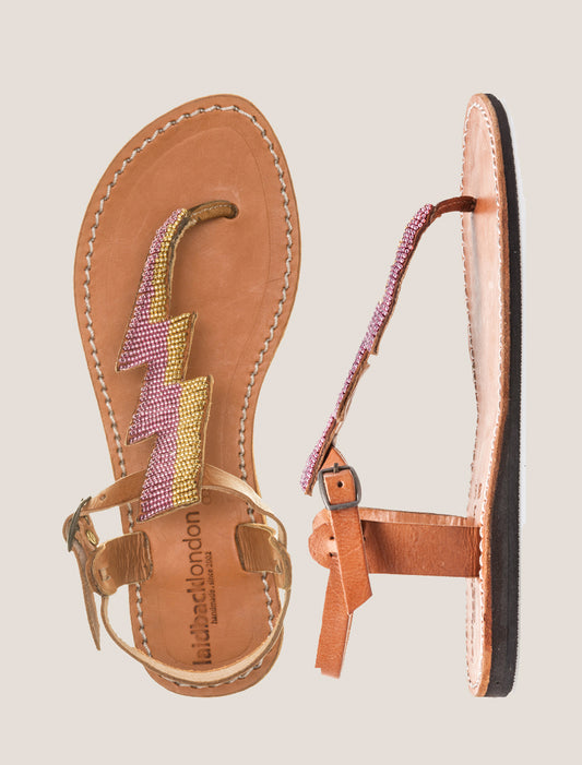 Sylas Flat Mid Brown Leather Sandal Gold Pink