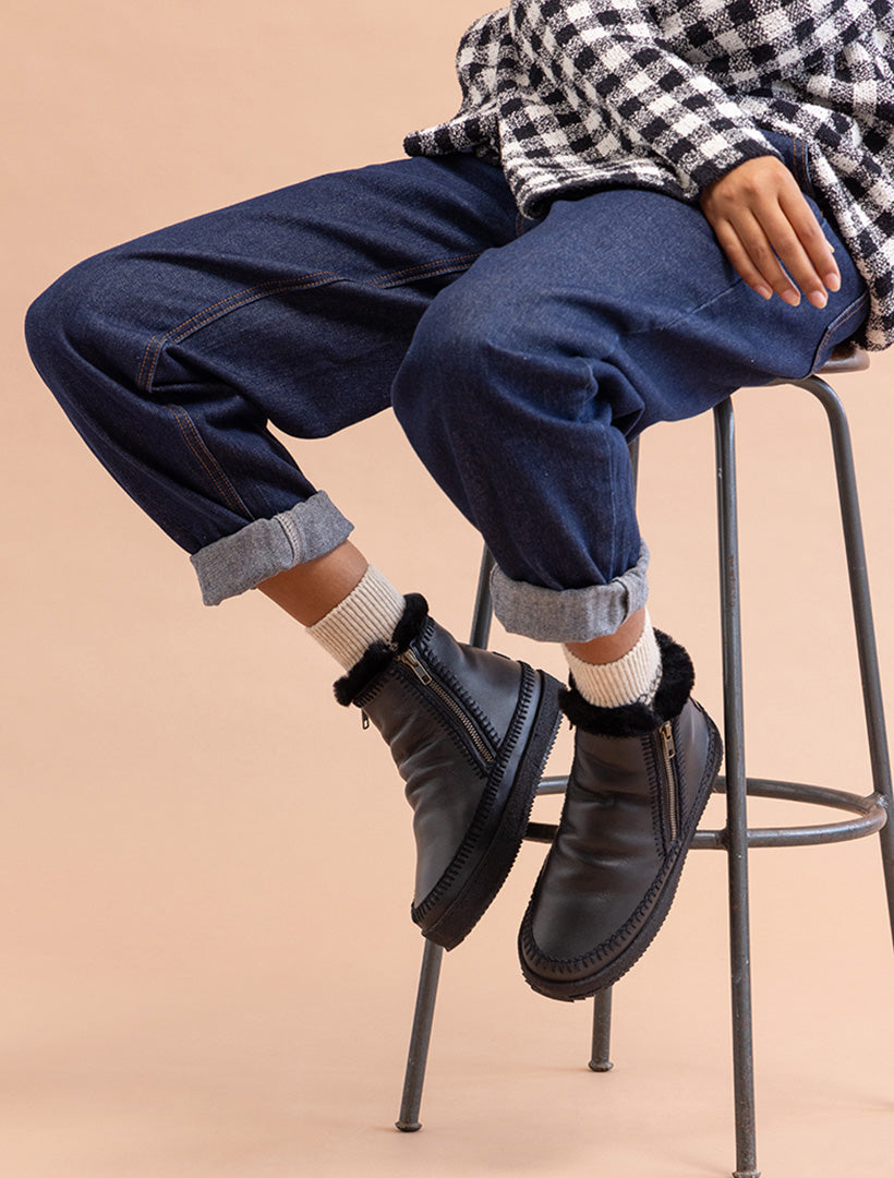 Setsu Crochet Side Zip Ankle Boot Black Leather