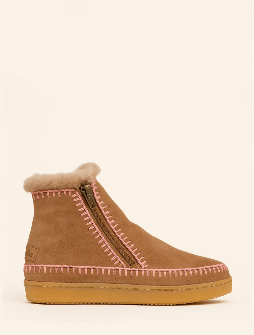 Setsu Crochet Side Zip Ankle Boot Camel Suede Rose