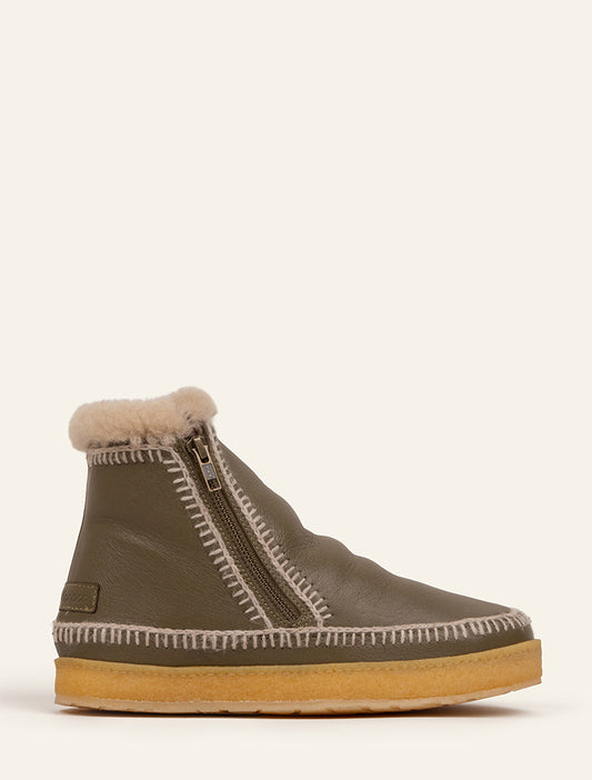 Setsu Crochet Crepe Ankle Boot Olive Leather Wheat