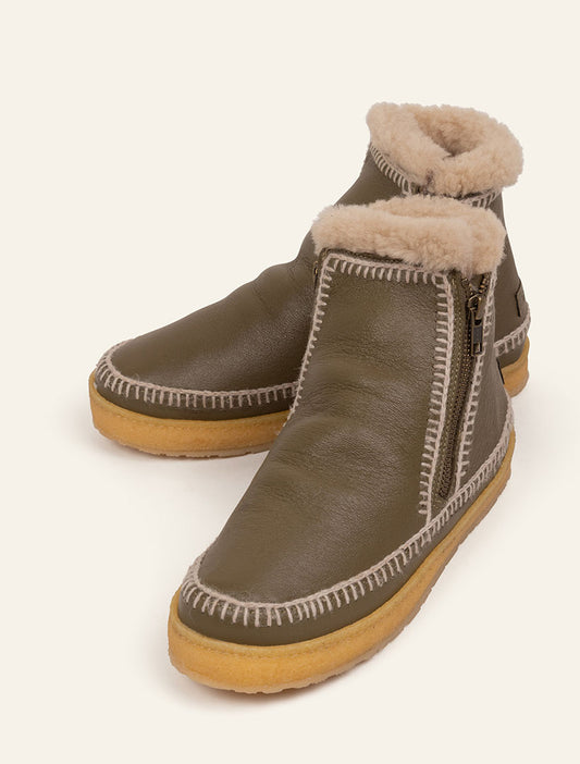 Setsu Crochet Crepe Ankle Boot Olive Leather Wheat