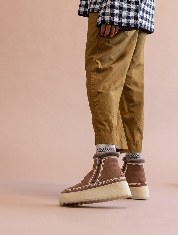 Camel suede platform ankle boots with natural crochet