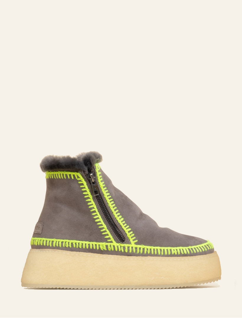 Setsu Platform Crochet Ankle Boot Grey Suede Neon Yellow