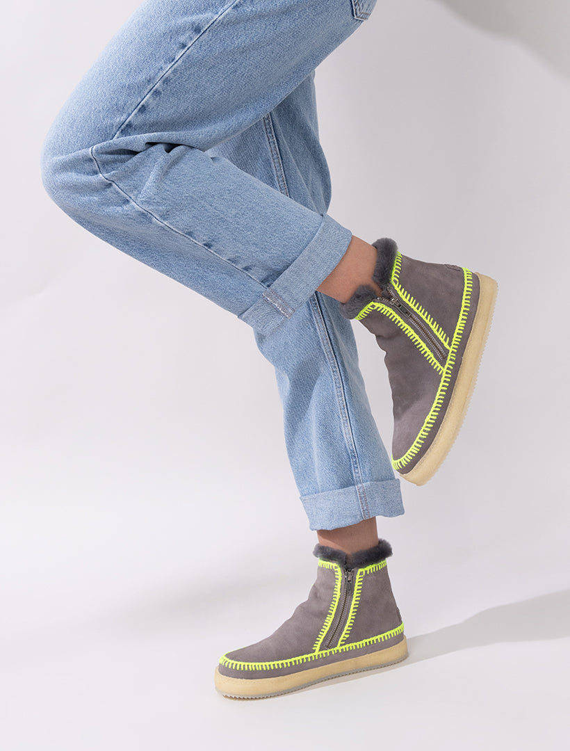 Setsu Crochet Ankle Boot Grey Suede Neon Yellow