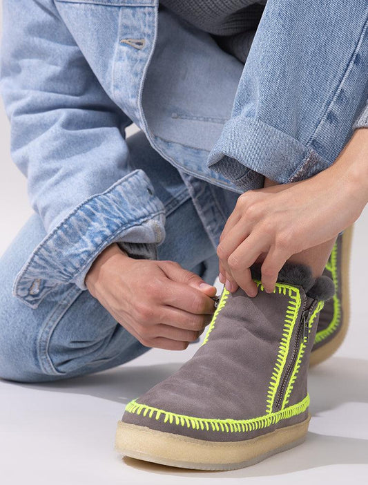 Setsu Crochet Ankle Boot Grey Suede Neon Yellow