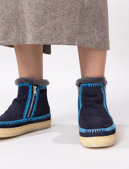 Setsu Crochet Ankle Boot Navy Suede Neon Blue