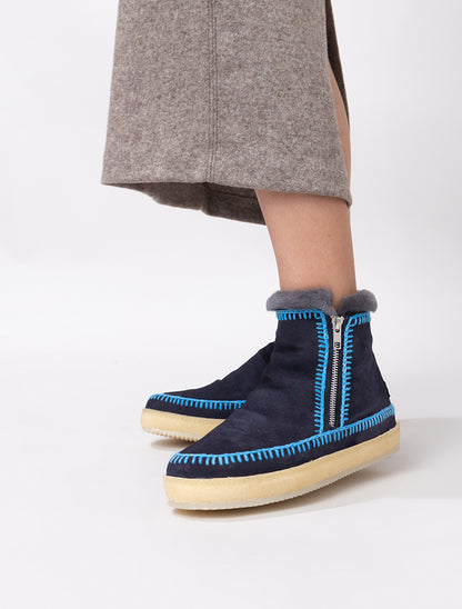 Setsu Crochet Ankle Boot Navy Suede Neon Blue