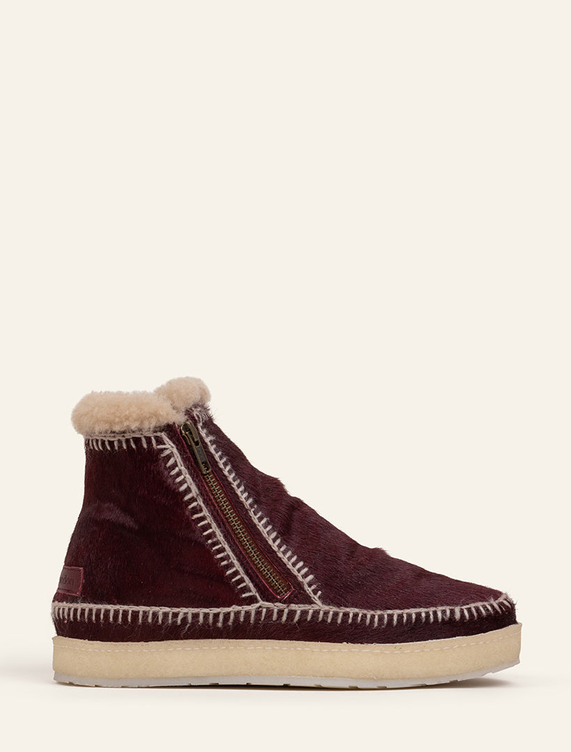 Setsu Crochet Crepe Ankle Boot Burgundy Pony Wheat