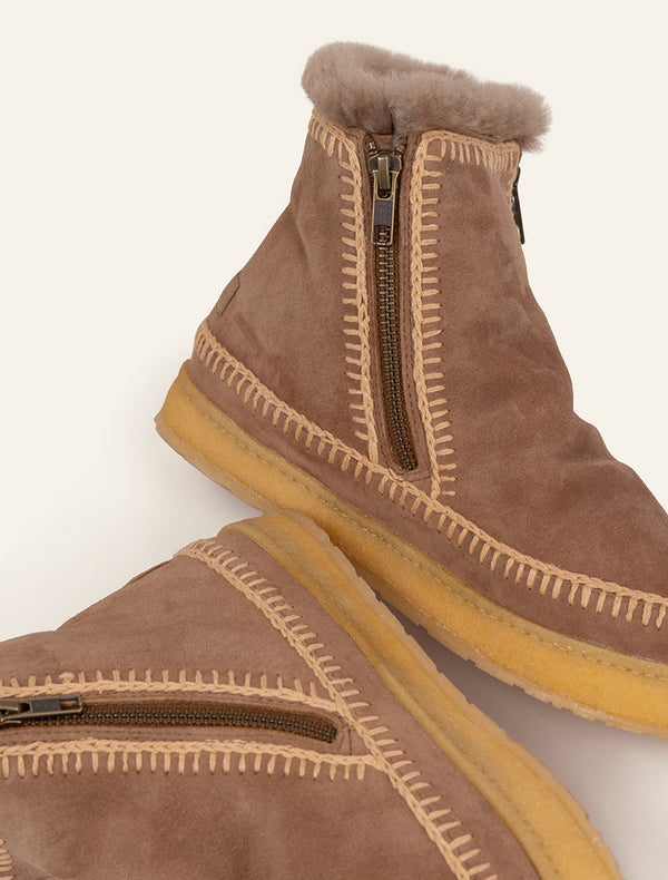 Camel suede crochet ankle boots with beige detailing