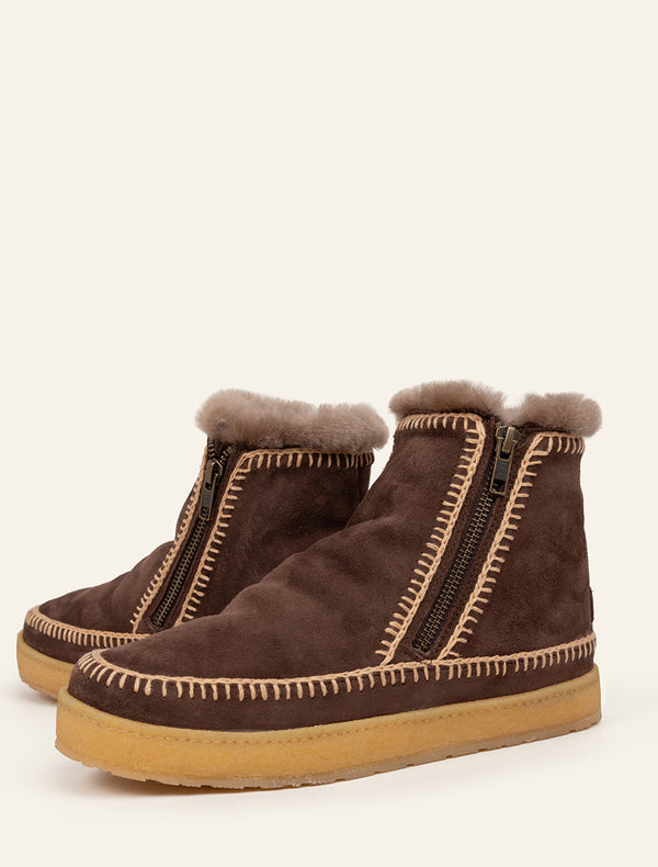 Setsu Crochet Side Zip Ankle Boot Choc Suede Beige
