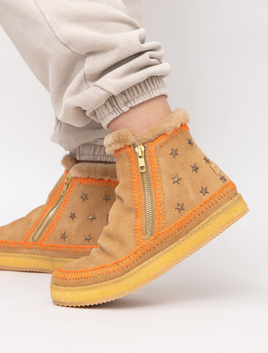 Setsu Stars Crochet Ankle Boot Saffron Suede Orange