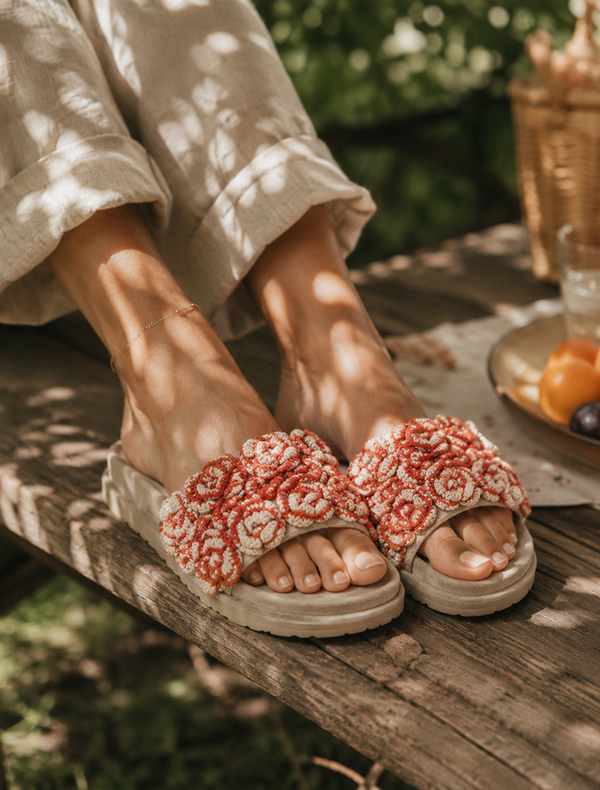 Ren Handcrafted Floral Crochet Slide Sandals Rust