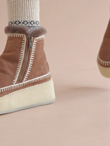 Setsu Platform Crochet Ankle Boot Camel Suede Natural